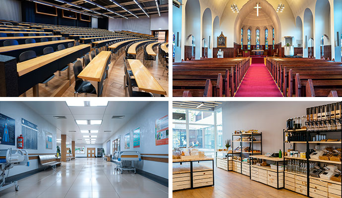 Collage of auditorium, church, healthcare facility, and retail store