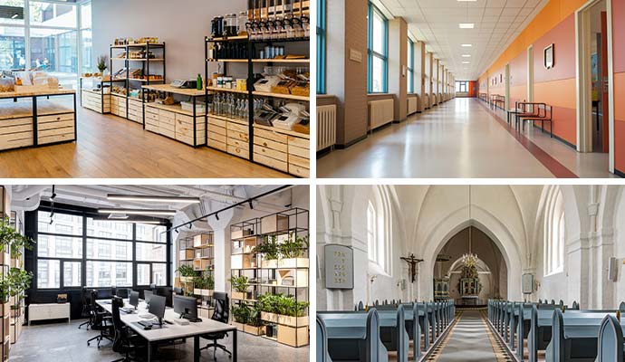 Collage of commercial properties for fire alarm systems