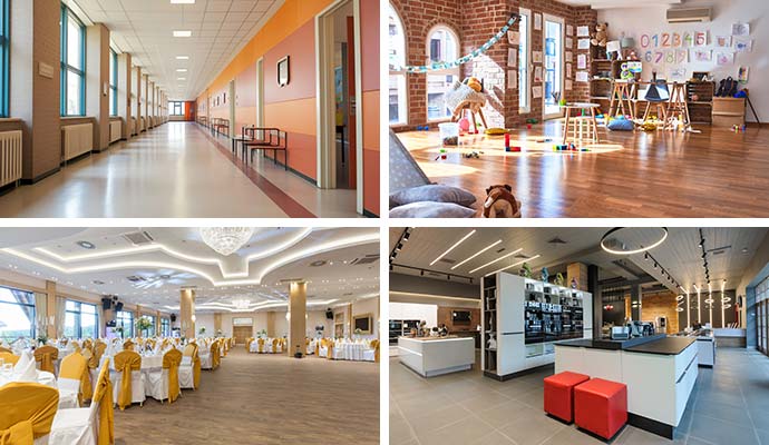Collage of commercial properties for fire sprinkler monitoring