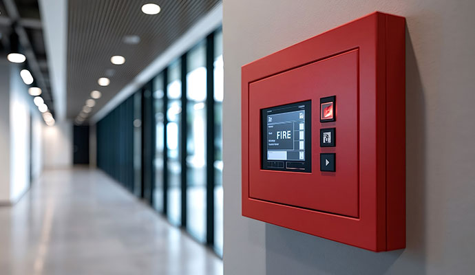 Conventional fire alarm control panel in office hallway