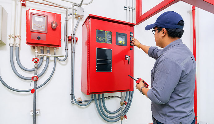 Technician inspecting fire alarm control panel