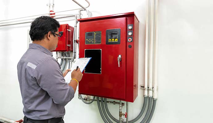 Technician inspecting fire alarm panel