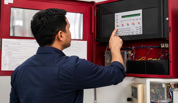 Technician inspecting fire alarm panel