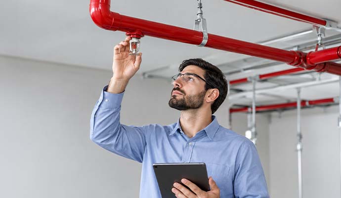 Technician inspecting fire sprinkler system