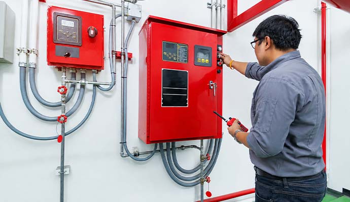 Technician monitoring fire alarm system