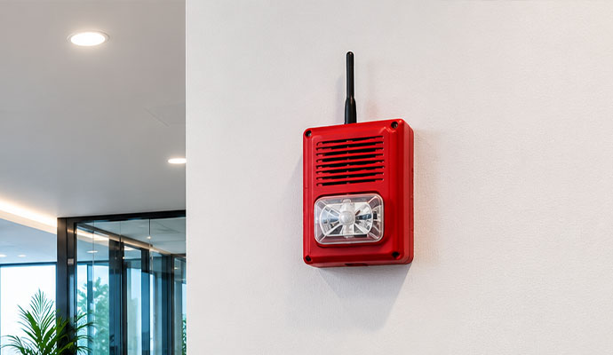 Wireless cellular fire alarm horn strobe on wall