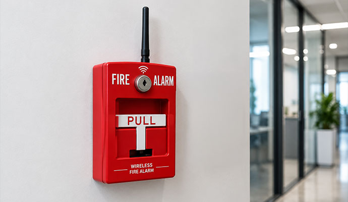 Wireless fire alarm on wall